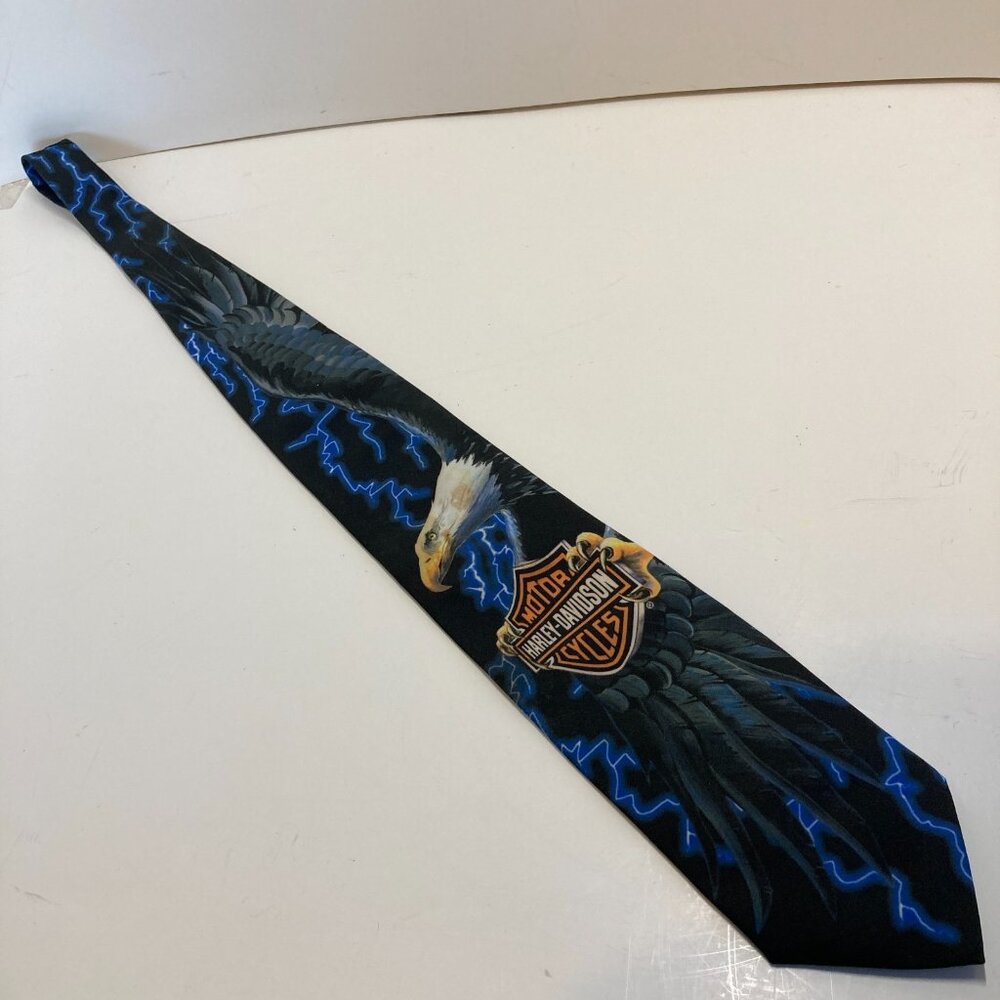 Vintage Harley Davidson Flying Eagle II Necktie Tie 1998 Blue Lightning USA